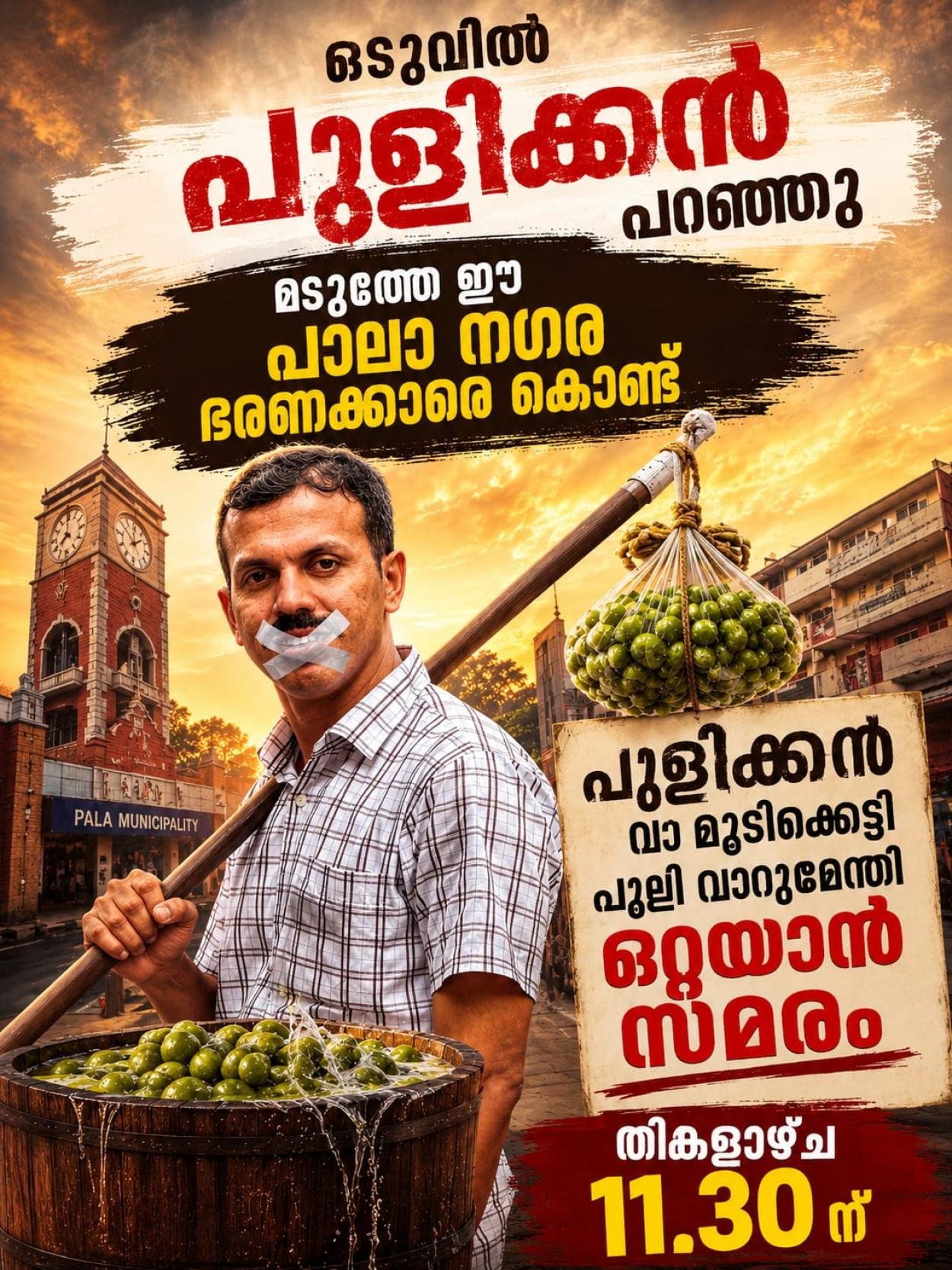 പാലായിലെ ജനം ഭരണ കൂടത്തിന്റെ ഇരകളോ ..?സന്തോഷ് പുളിക്കൻ എന്ന ഓട്ടോ തൊഴിലാളി നഗര സഭയ്ക്ക് മുമ്പിൽ വാമൂടിക്കെട്ടി പുളി വാറുമേന്തി ഒറ്റയാൾ സമരം നടത്തുന്നു