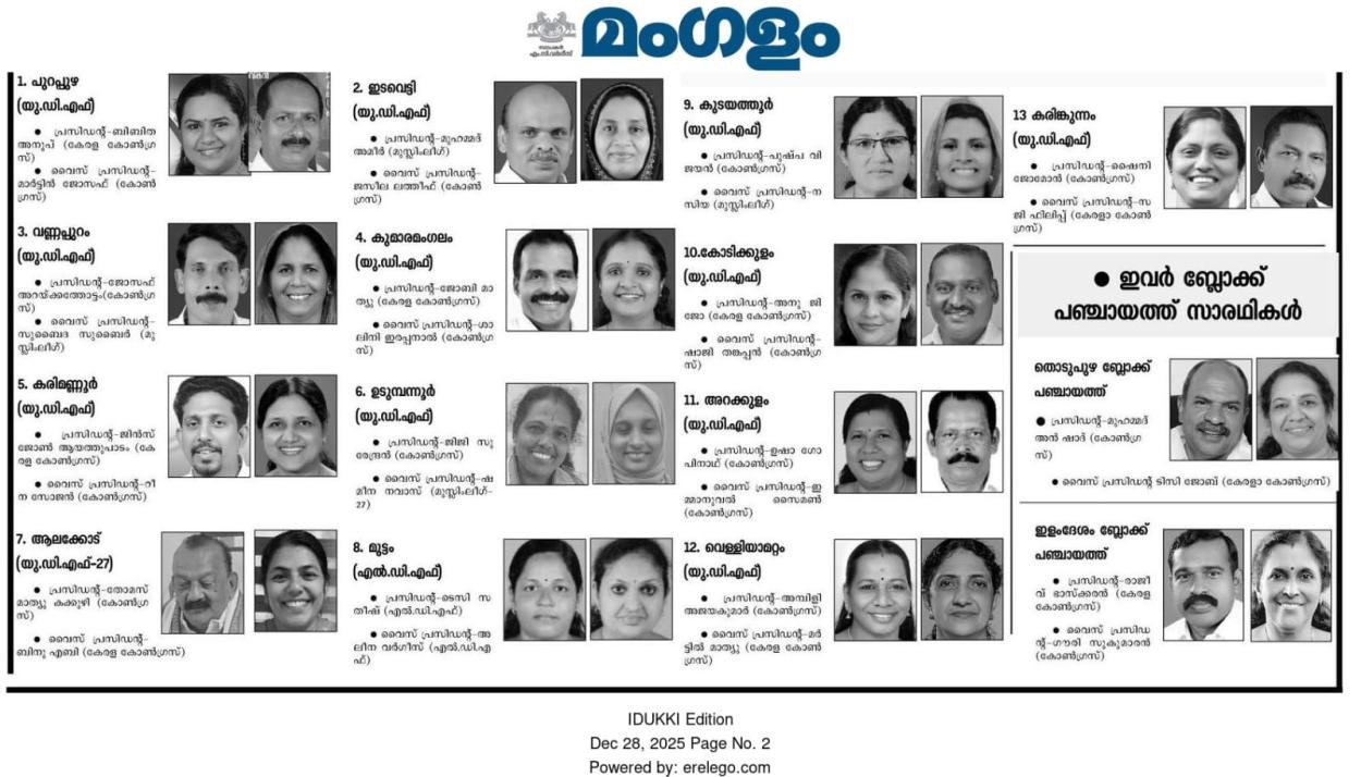തൊടുപുഴ  താലൂക്കിന് കീഴിൽ വരുന്ന  ഗ്രാമ പഞ്ചായത്തിലെയും, ബ്ലോക്ക് പഞ്ചായത്തിലെയും  സാരഥികൾ.