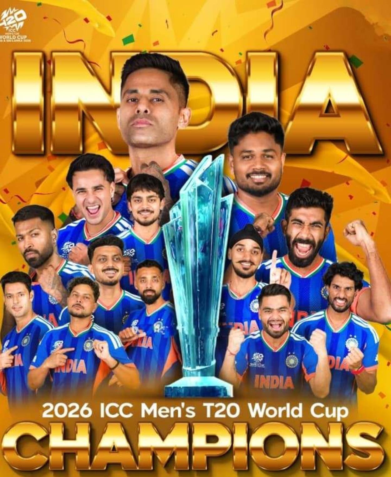 സഞ്ജുവിന്റെ ബാറ്റിങ് വെടിക്കെട്ട്:  മൂന്നാം തവണയും  T 20 ലോകകപ്പുയർത്തി  ഇന്ത്യ.   കലാശപ്പോരിൽ ന്യൂസിലൻഡിനെ തകർത്തത്  96 റൺസിന് 