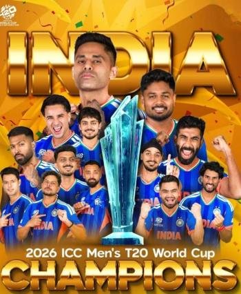 സഞ്ജുവിന്റെ ബാറ്റിങ് വെടിക്കെട്ട്:  മൂന്നാം തവണയും  T 20 ലോകകപ്പുയർത്തി  ഇന്ത്യ.   കലാശപ്പോരിൽ ന്യൂസിലൻഡിനെ തകർത്തത്  96 റൺസിന് 